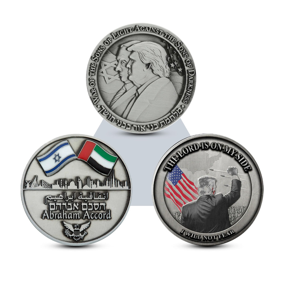 Alliance for Peace Set featuring the Trump Triumph Medal, Trump and Netanyahu Coin, and Abraham Accord Israel-UAE Memorabilia Set